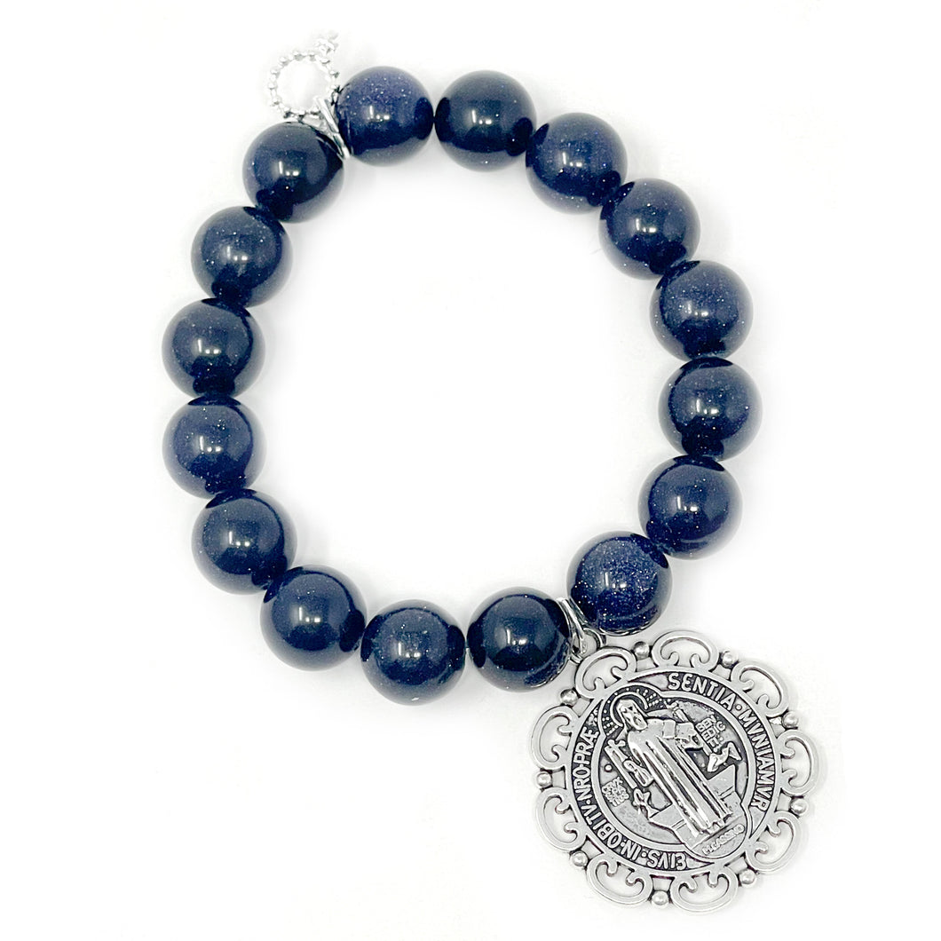 12mm Navy Goldstone with Silver Frilly St. Benedict