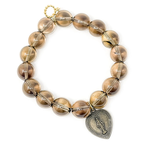 12mm Smokey Quartz with Bronze Heart Blessed Mother