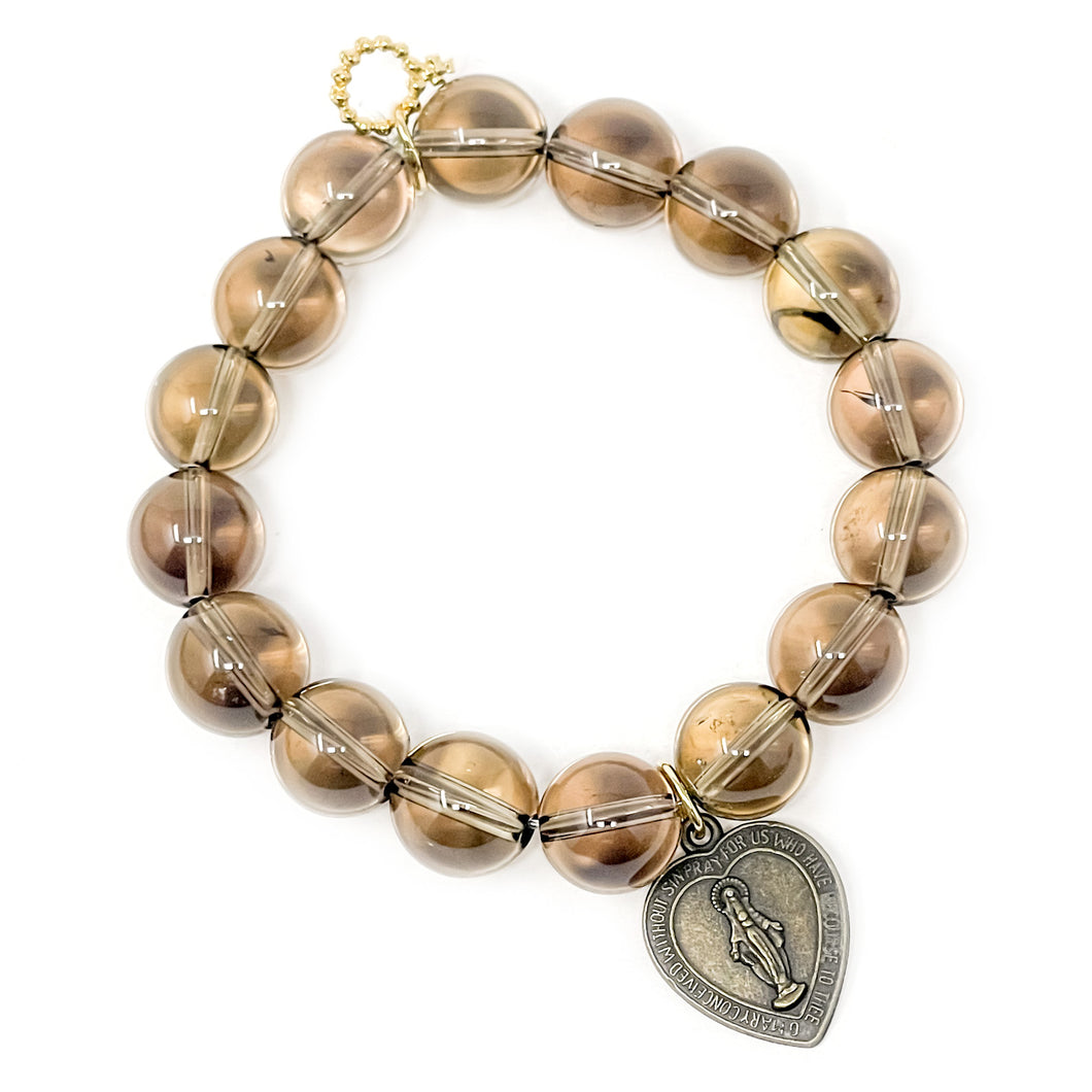 12mm Smokey Quartz with Bronze Heart Blessed Mother