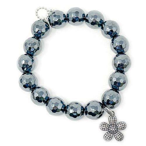 12mm Faceted Gunmetal Hematite with Gunmetal Pave Flower