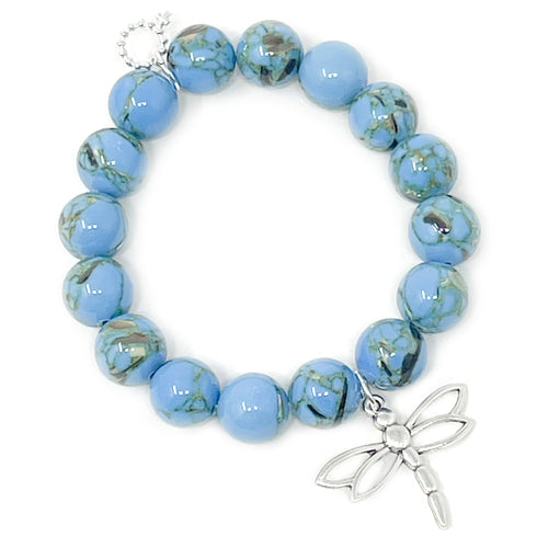 12mm Aqua Mosaic Agate with Silver Dragonfly