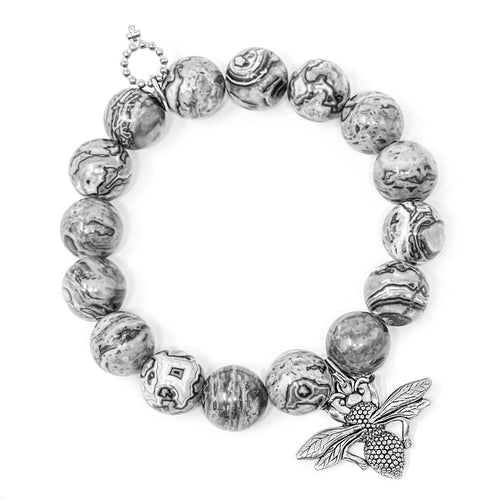 12mm Faceted Silver Leaf Agate with Silver Queen Bee