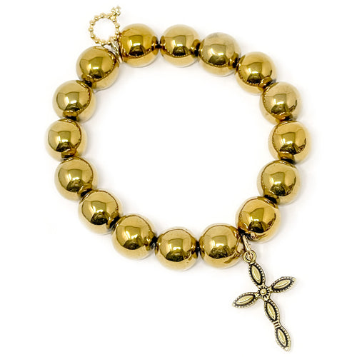 12mm Gold Hematite with Gold Ornate Cross