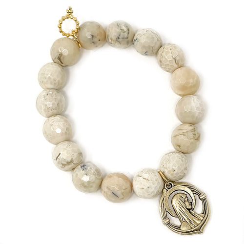 12mm Faceted Venetian Agate with Gold Blessed Mother