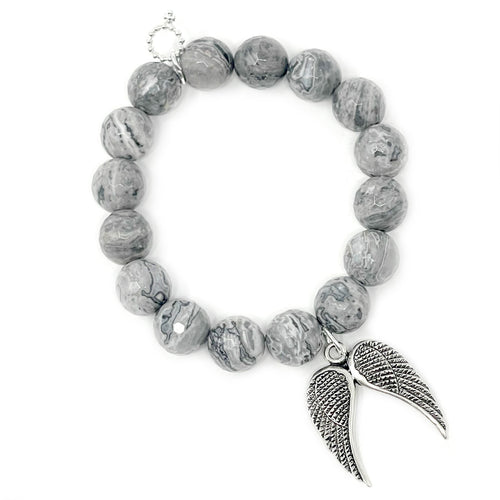 12mm Faceted Silver Leaf Agate with Large Silver Angel Wings