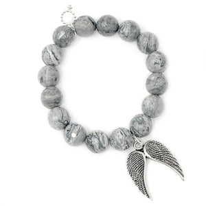 12mm Faceted Silver Leaf Agate with Large Silver Angel Wings