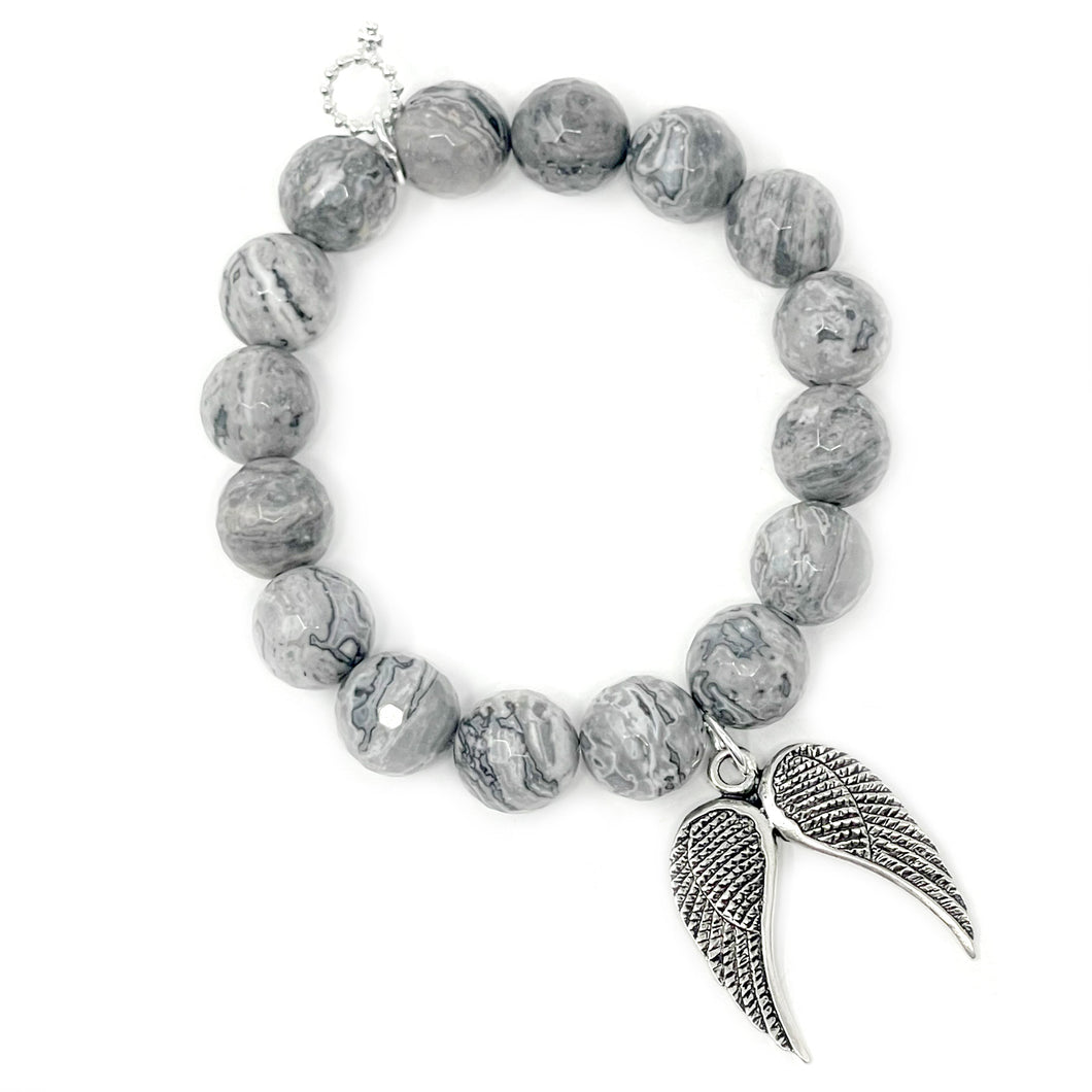 12mm Faceted Silver Leaf Agate with Large Silver Angel Wings