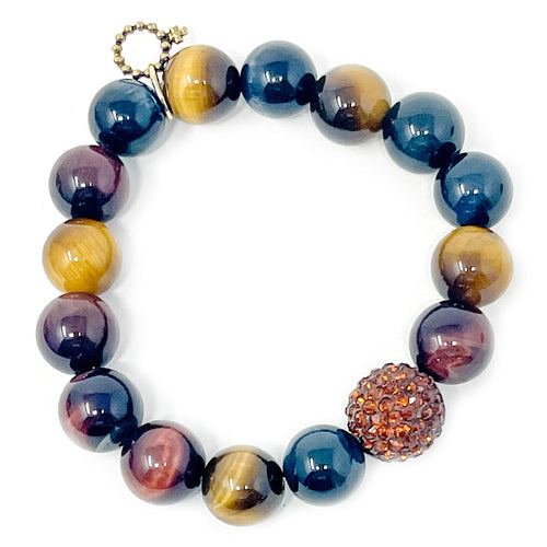 12mm Multicolored Tiger Eye with Amber Pave