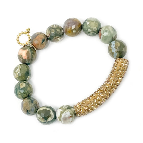 12mm Faceted California Camouflage Agate with Gold Pave