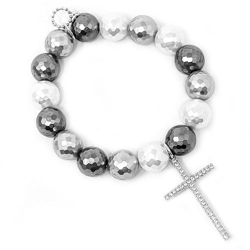 12mm Faceted Multicolored Mother of Pearl with Silver Pave Cross