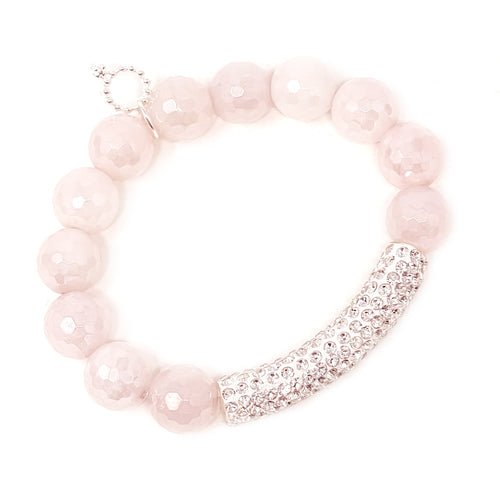 12mm Faceted Iridescent Rose Quartz with Clear Pave Bar