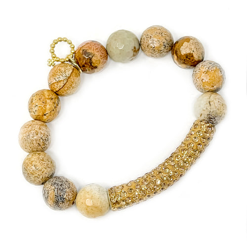 12mm Faceted Picture Jasper with Gold Pave Bar