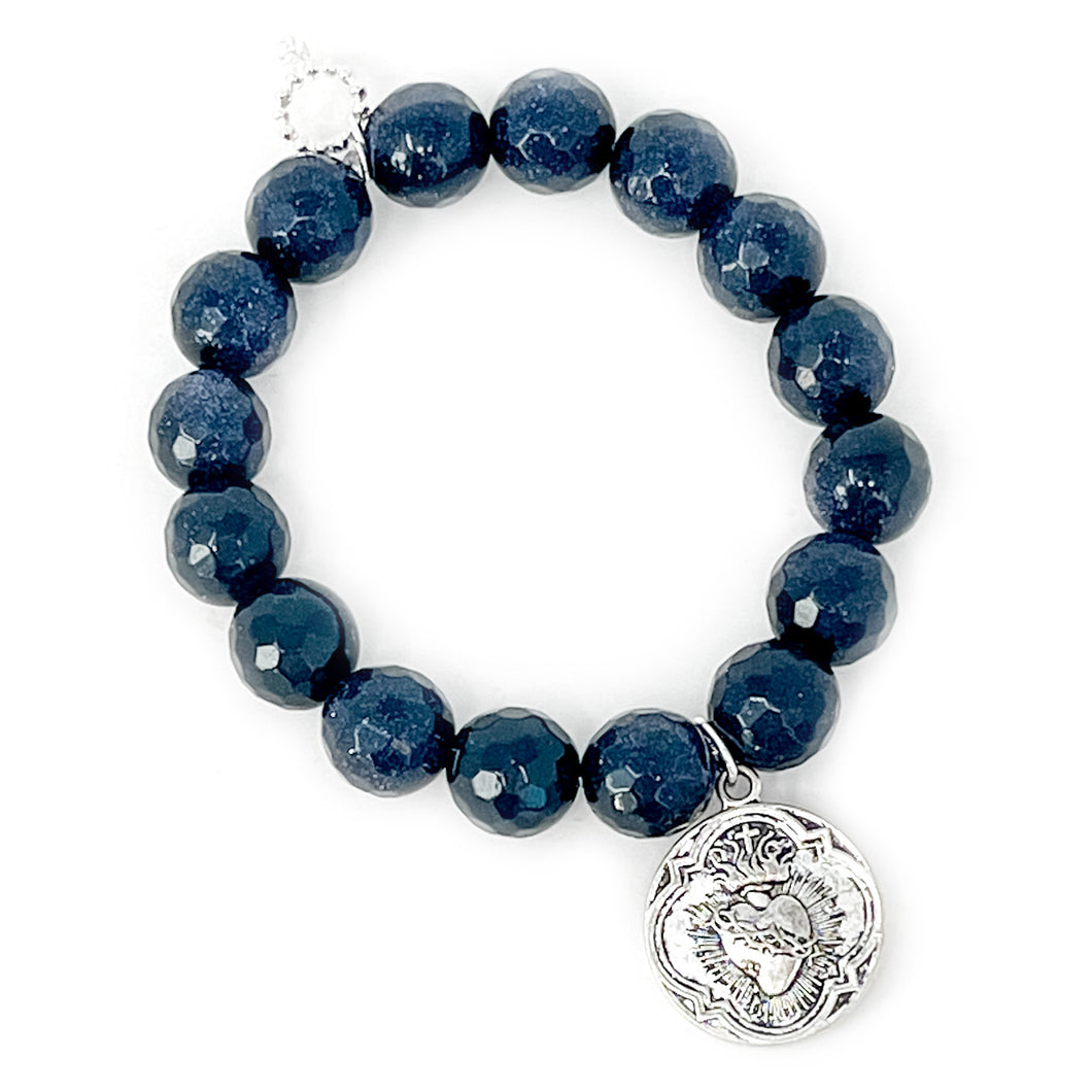 12mm Faceted Navy Goldstone with Silver Sacred Heart