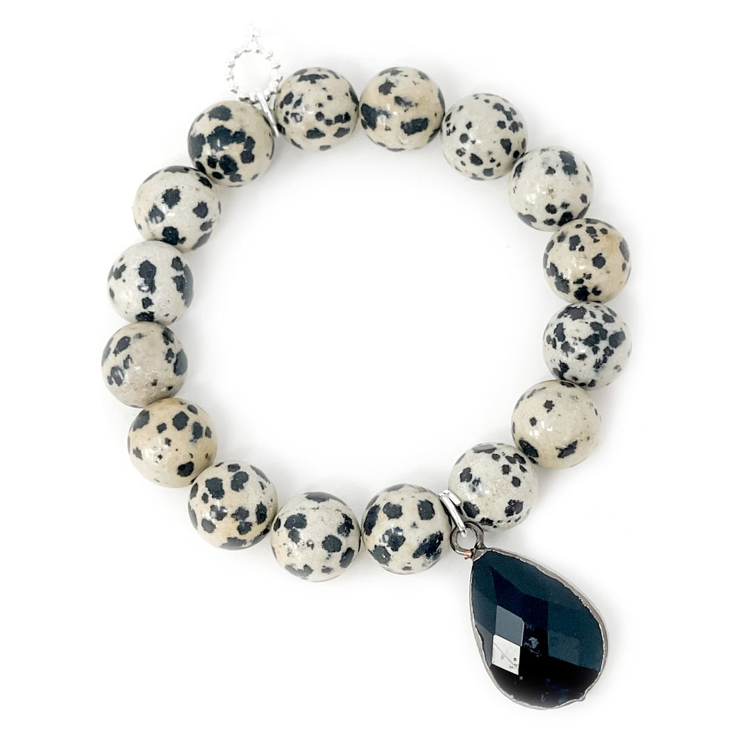 12mm Dalmatian Jasper with Jet Crystal Droplet