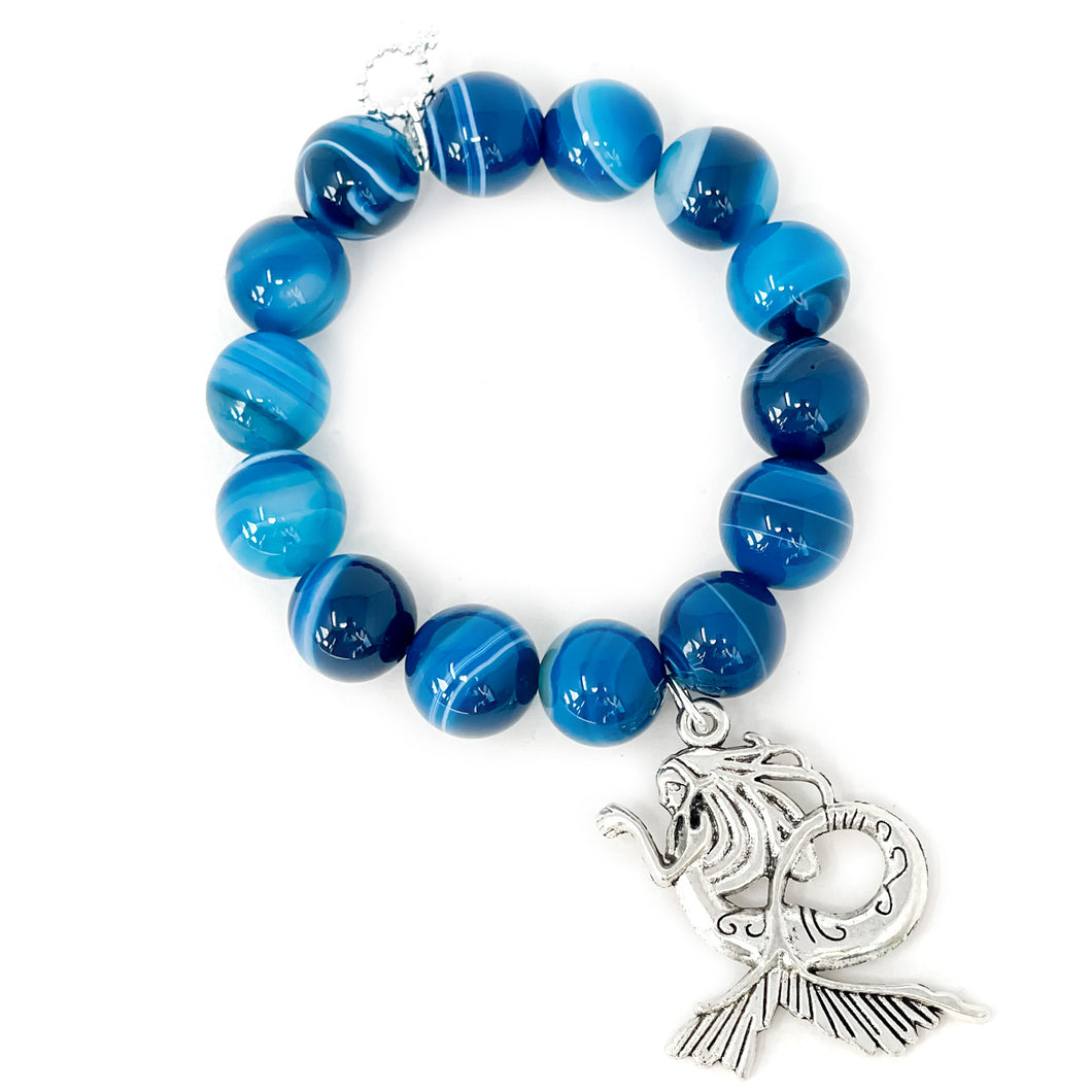 Blue Stripe Agate with Large Silver Mermaid