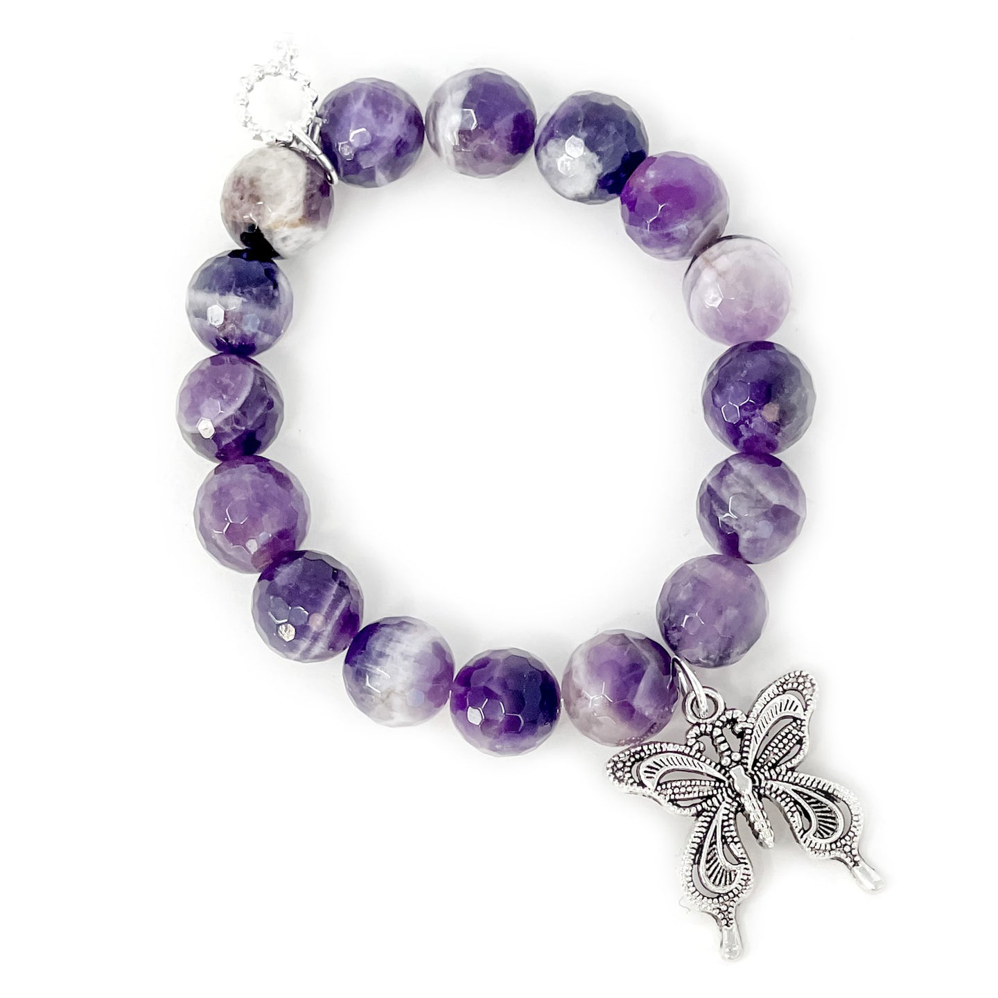 12mm Faceted Purple Stripe Agate with Silver Butterfly