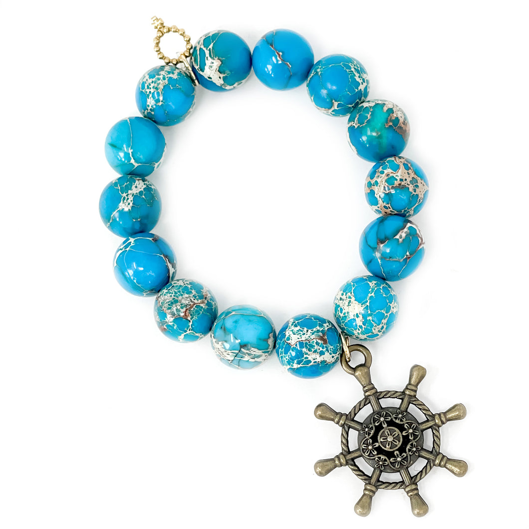 Blue Sediment Jasper with Large Brass Ship's Wheel