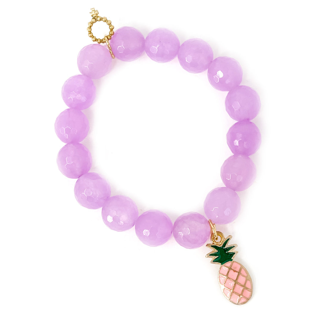 12mm Faceted Lavender Jade with Pink Enameled Pineapple