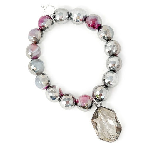 12mm Faceted Pink and Silver Agate with Crystal Droplet