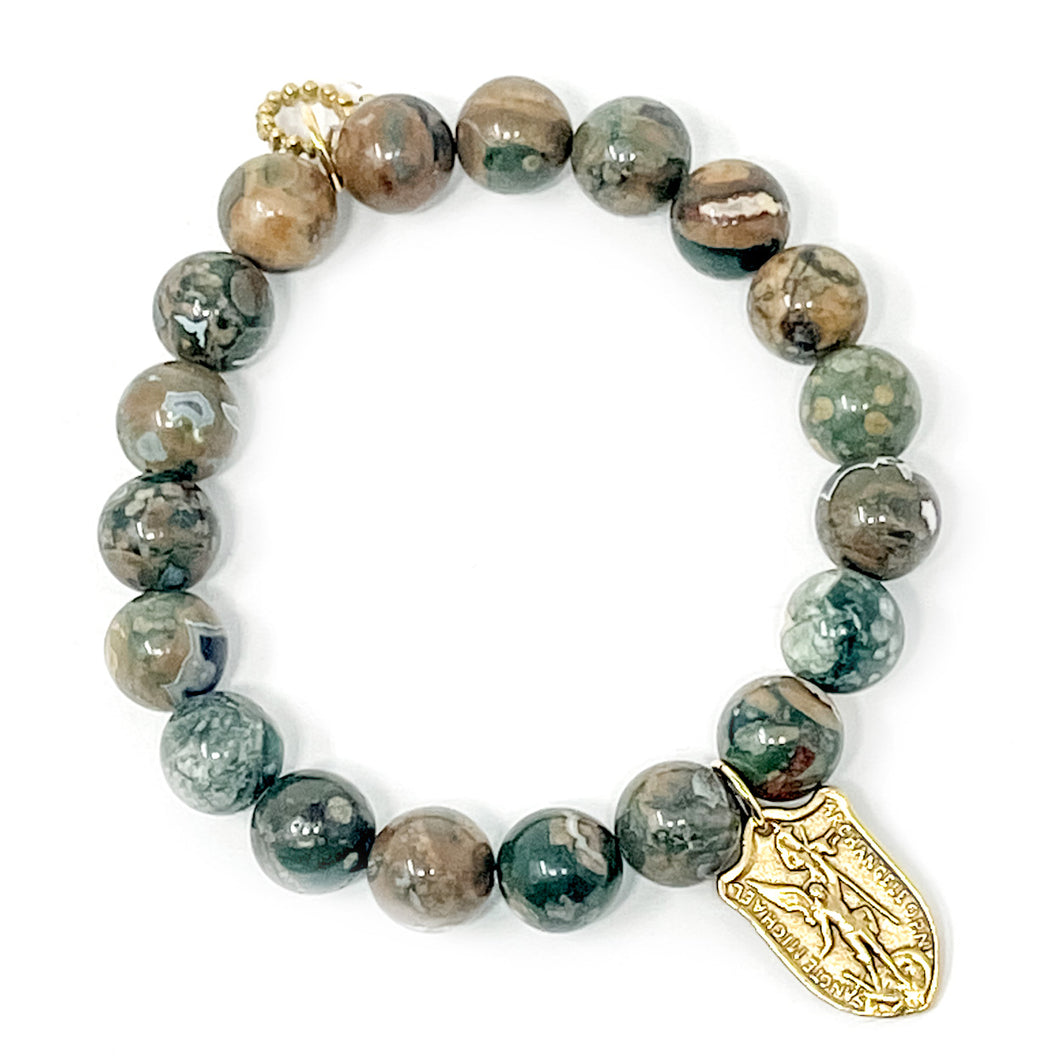 10mm California Camouflage Agate with Petite Gold St Micheal Shield