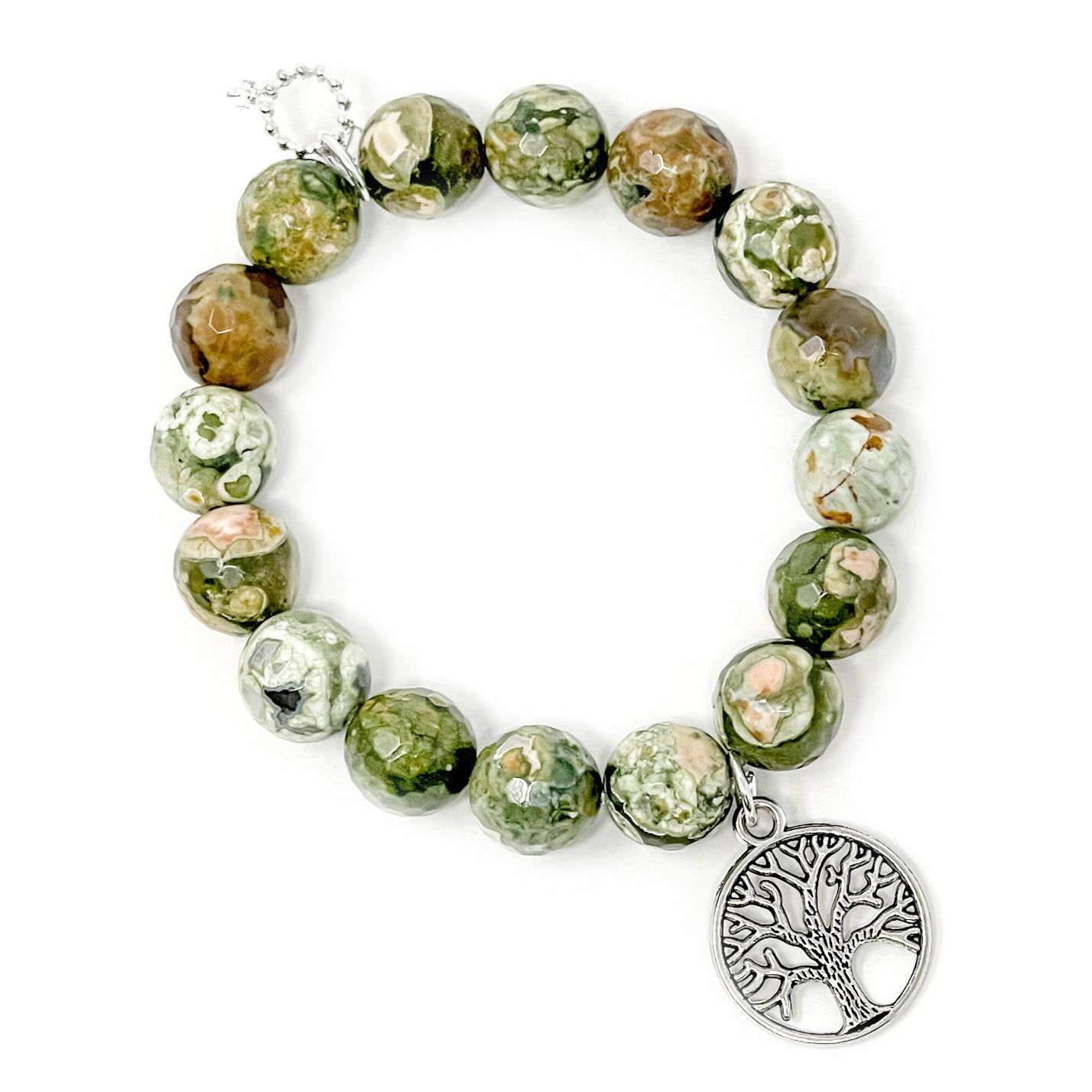 12mm Faceted California Camoflage Agate with Silver Tree of Life