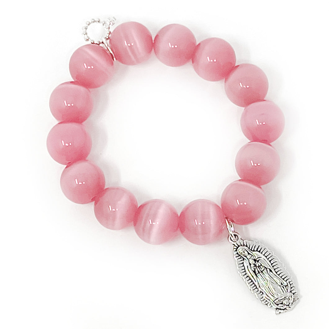 Blush Calcite with Our Lady of Guadelupe-Patron Saint of the Unborn
