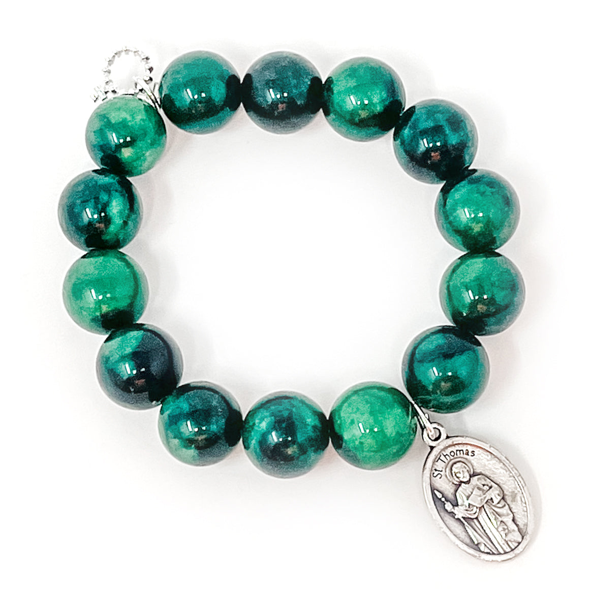 Evergreen Tiger Eye with Saint Thomas-Patron Saint of Academics & Scholars