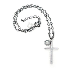 18" Crystal Bezel Gunmetal Chain with Pave Cross and Blessed Mother Accent