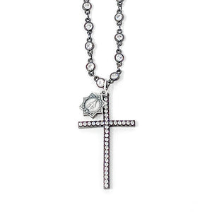 18" Crystal Bezel Gunmetal Chain with Pave Cross and Blessed Mother Accent