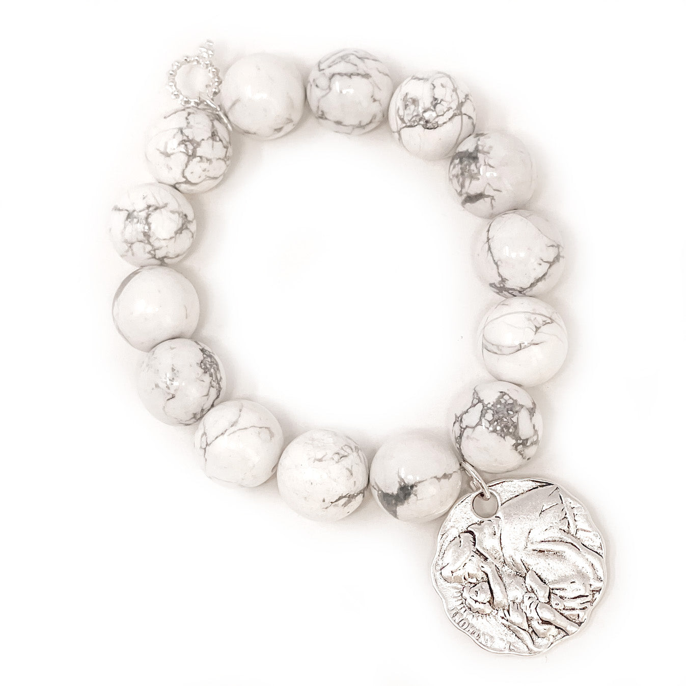Faceted Bright White Howlite with Silver Scalloped St Anthony
