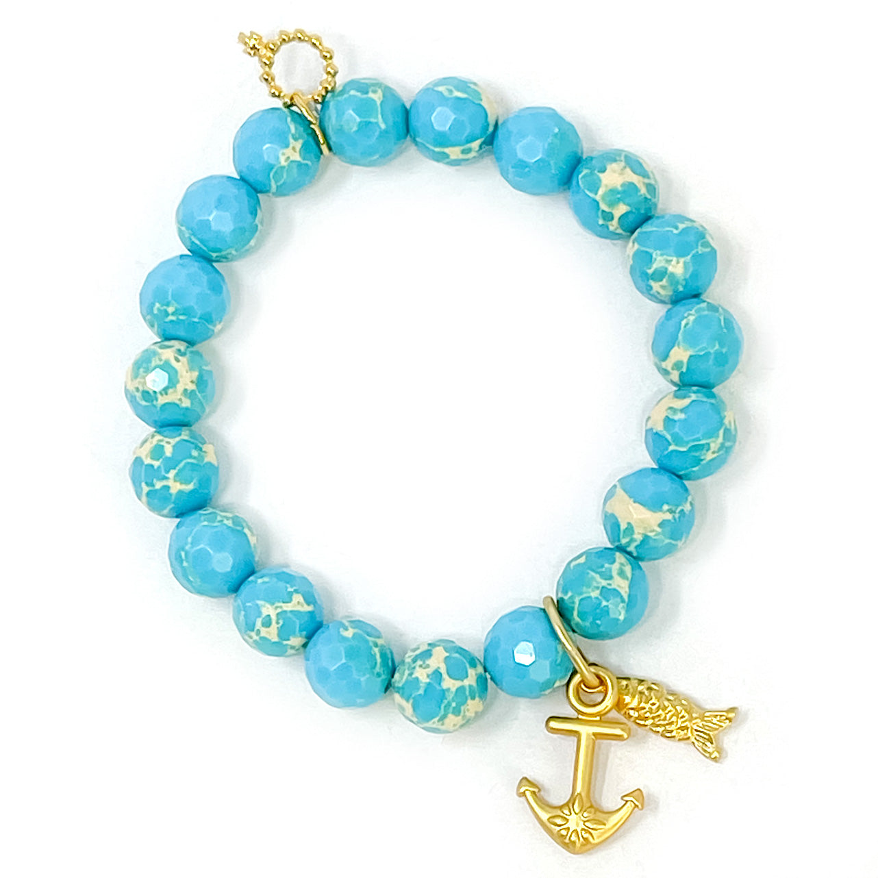 10mm Faceted Aqua Sediment Jasper with Matte Gold Anchor & Fish