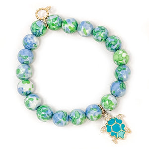 10mm Hydrangea Watercolor Agate with Blue Enameled Turtle