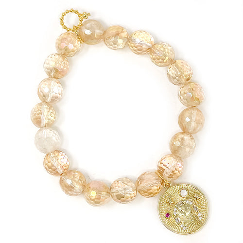 10mm Faceted Gold Iridescent Agate with Matte Gold Lucky Horseshoe Disk
