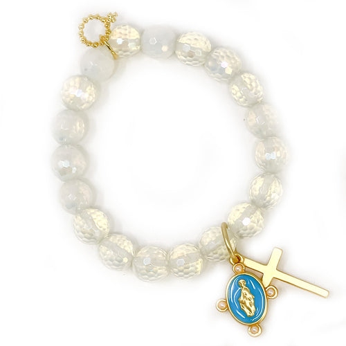 10mm Faceted Iridescent Opalite with Blue Enameled Blessed Mother & Cross