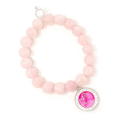10mm Rose Quartz with Pink Enameled St. Christopher