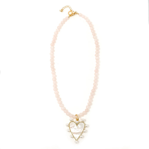 Heirloom Rose Quartz Necklace with Large Mother of Pearl Heart