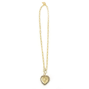 18" Matte Paperclip Necklace with Gold Heart of the Blessed Mother