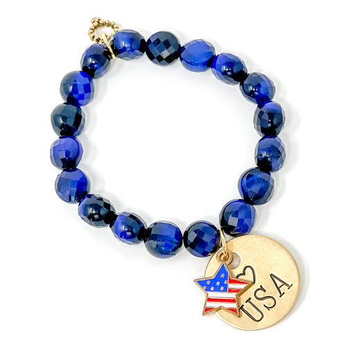 10mm Faceted Coin Cut Midnight Tiger Eye with Brass USA Medal & Enameled Patriotic Star