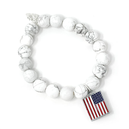 10mm Bright White Howlite with Enameled American Flag