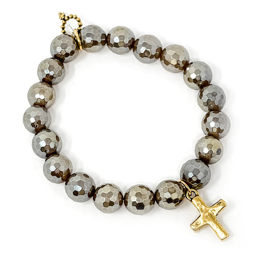 10mm Faceted Taupe Agate with Hammered Petite Cross
