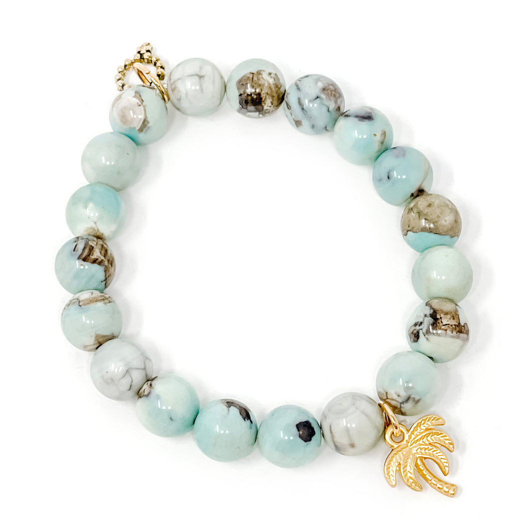 10mm Seafoam Agate with Matte Gold Palm Tree