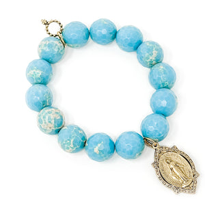 Faceted Aqua Sediment Jasper with a Brass Fleur Blessed Mother