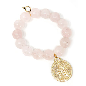 Rose Quartz with Large Matte Gold Blessed Mother