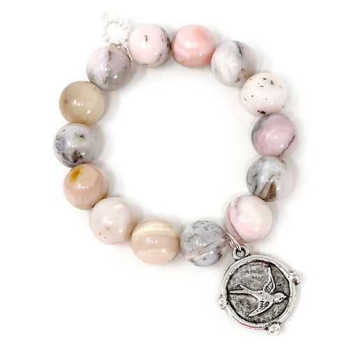 Pink Opal Agate with Antique Silver Sparrow & Dragonfly