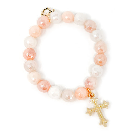 10mm Faceted Pink Aventurine with Matte Gold Fleur Cross