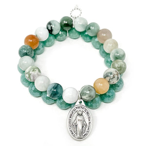 Petite Fall Duo-10mm Faceted Spring Green Aventurine & 10mm Juniper Jade with Silver Miraculous medal