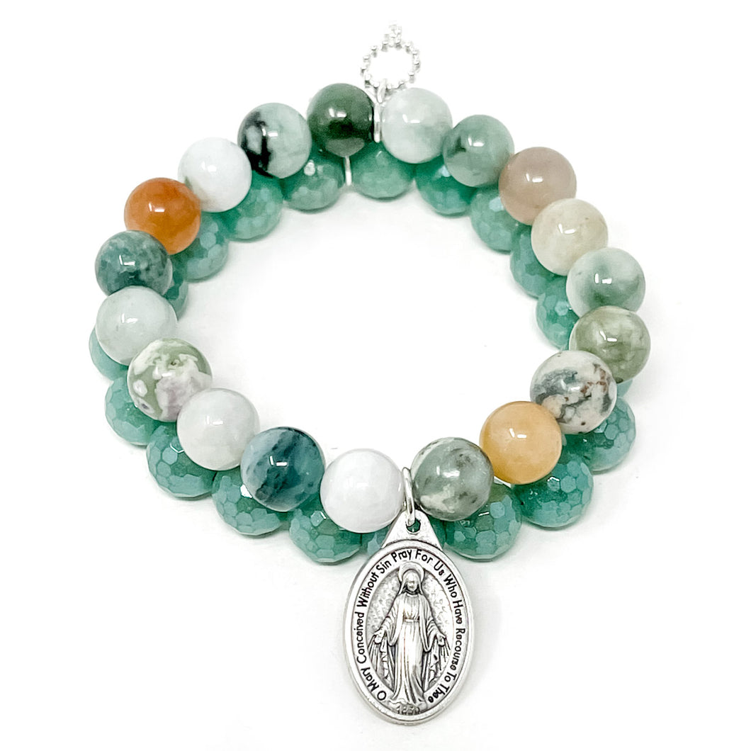 Petite Duo-10mm Faceted Spring Green Aventurine & 10mm Juniper Jade with Silver Miraculous medal