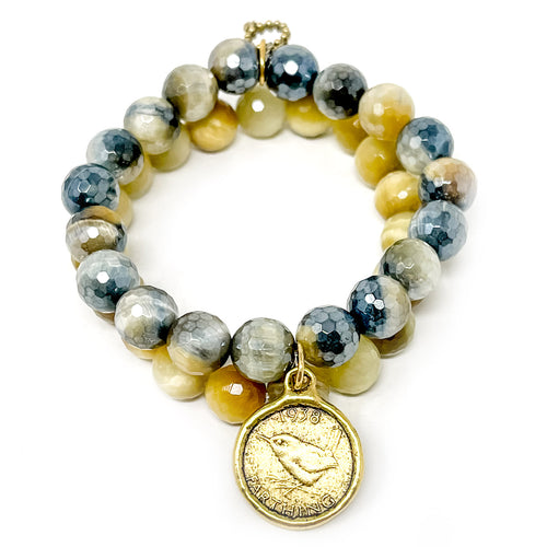 Petite Fall Duo-10mm Sunkissed Tiger Eye & Faceted Caramel Latte Tiger Eye with Gold Coin