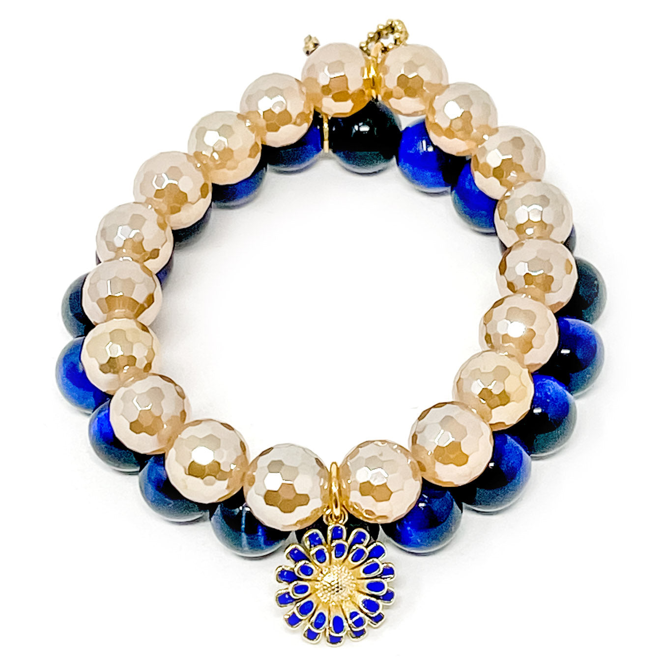 Petite Duo-10mm Midnight Tiger Eye & 10mm Faceted Gold Iridescent Quartz with Royal Blue Enameled flower