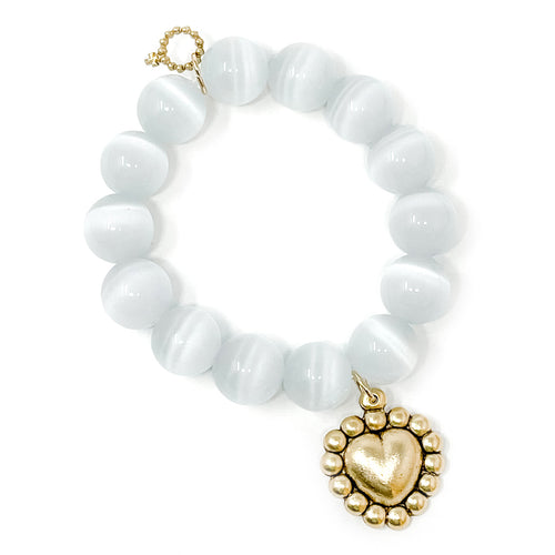 White Calcite with Gold Bead Surround Puffy Heart